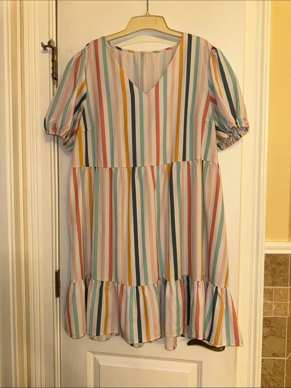 SHEIN Pastel Striped V-Neck Tiered Midi Dress in Multi